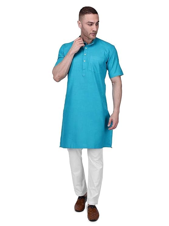 fashtastic Men's Sky Blue Premium Cotton Half Sleeve Solid Kurta/Modi Kurta/Modi Jabba-picture-37