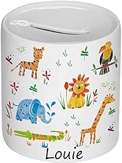 tigerlilyprints Children's Personalised Money Box, Jungle Animal Personalised Baby Money Bank, Baby Boy Baby Girl Gift, Christening,1st Birthday Present Idea