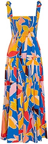 kinstell Women&#39;s Summer Boho Spaghetti Strap Square Neck Ruffle Casual Flowy Long Dress Beach Swing Party Maxi Dress