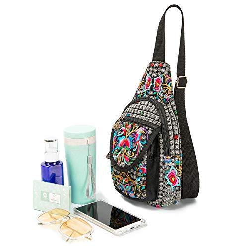 Image of SILKAREA Embroidered Canvas Sling Backpack for Women Travel Chest Bag Crossbody Backpack Purse Shoulder Bag Medium