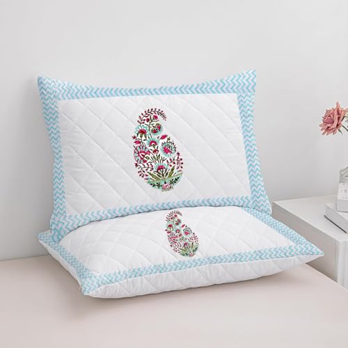 Image of LINENWALAS Block Printed Cotton Quilted Pillow Cover - Set of 4 | Ultra-Soft, Cooling & Breathable | Skin & Hair Friendly|Zipper Closure |Sweat-Absorbent & Hypoallergenic (18x28 Inches, Paisley Bloom)