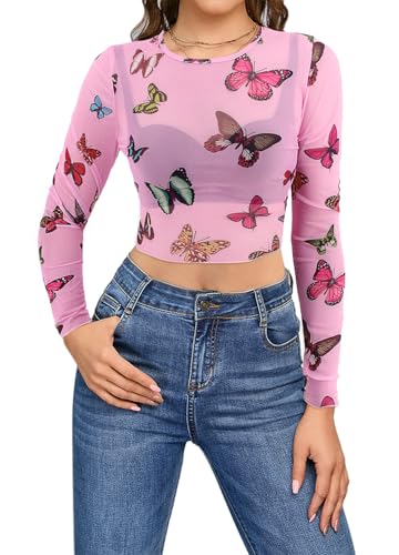 Haut élégant pour femme avec imprimé papillon manches longues en tulle