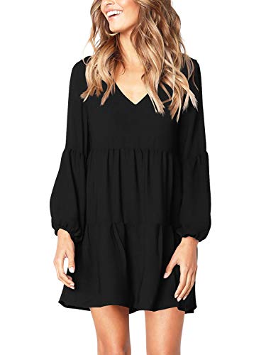 TASAMO Women's Dress Sweet & Cute V-Neck Bell Sleeve Shift Dress Mini Dress (Large,Black)