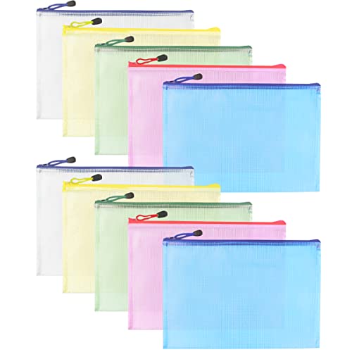 Satohom ジッパー式ファイル袋 整理収納 ファイル袋 メッシュ ファスナーフォルダー 旅行収納袋 クリアファイル 半透明 防水耐油 出張収納 書類整理 ファイルケース 新聞 雑誌 現金 ジッパー ファイルバッグ メッシュケース A5 10枚 5色 P