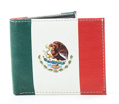 Leather Impressions Slim Bifold Wallet - Mexico Flag Print Vegan Leather Wallet with top-flap 2 ID Windows, 6 Cards, 2 Inner Slots & 2 Cash Pockets - Men's Wallet for Men & Gift Box2