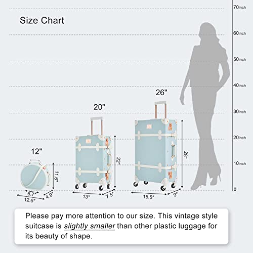 7998 Bundle Vintage Trunk Luggage Set Of 3 Piece, Retro Travel Suitcase For Women With Wheels And Tsa Key Lock (Embossed Blue, 26"+20"+12") #TOP7