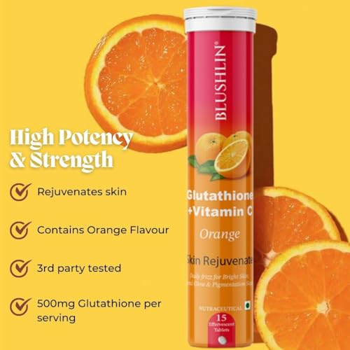 BLUSHLIN Glutathione Tablets for Skin Whitening 500mg with Vitamin C | 15 Effervescent Tablets | Antioxidants for a Clear & Glowing Complexion for Women, Men | Sugar-Free, Gluta Glow (15 Count (Pack of 1), Orange)