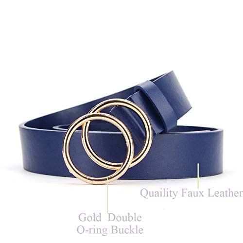 Unfader Pack 2 Women Belts For Jeans With Fashion Double O-Ring Buckle And Faux Leather (Pack 2 (Blue+Chocolate Brown), M: Fits Wiast Size From 31"-36") #TOP2