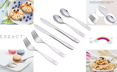 Exzact Children's Cutlery Stainless Steel 6pcs Set/Kids Cutlery/Toddler Utensils/Flatware - 2 x Forks, 2 x Safe Dinner Knives, 2 x Dinner Spoons - Engraved Dog Cat Bunny Design, WF850