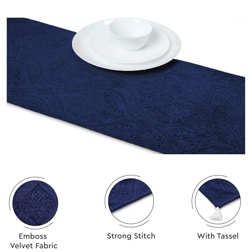 Image of Encasa XO 4 to 6 Seater Dining Embossed Velvet Table Runner | Size 32x183 cm | Navy Blue Color with Premium Polyester - Machine Washable