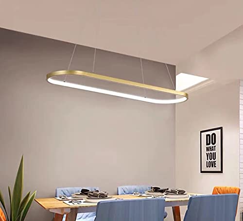 Bellastein Pendelleuchte Oval Esstisch Büro Lampen, LED Hängeleuchte Dimmbar Deckenleuchte mit Fernbedienung, Modern Ring Design Kronleuchter für Esszimmer Küchenlampe Blendfrei (Gold, L120cm)