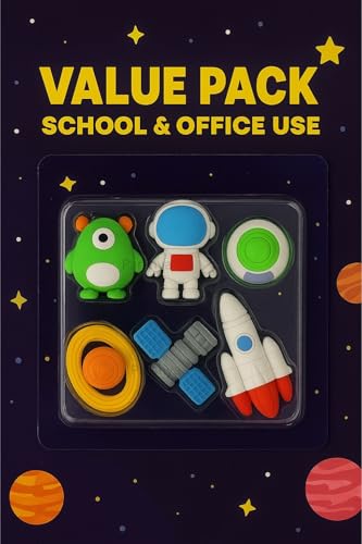 Image of Parshya Space Travel Eraser Set for Kids (6 Pcs) - Soft Rubber, Non-Toxic, Dust-Free Cartoon Erasers | Rocket, Astronaut, Alien, Planet & Spaceship | Fun Stationery for School & Gifts