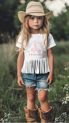 Image of Girls Western Shirt Cowgirls Embroidered Country Concert T Shirt Graphic Horseback Rider Tassel Fringe Tee Tops