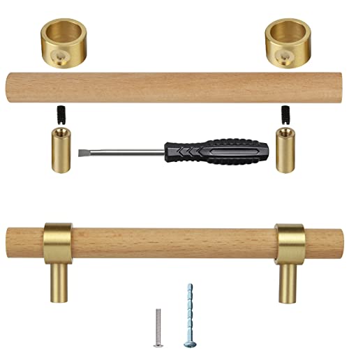 Image of foxwake Adjustable Drawer Pulls Natural Wood and Brass Cabinet Handles for Kitchen Cupboard Closet,4Set Boho Wood and Gold Dresser Knob Unfinished DIY Brushed Brass Base 3~5 Inch