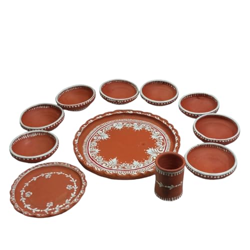 Image of Terracotta Dinner Thali Set - 9 Pc Handmade Clay Earthenware Tableware | Eco-Friendly Traditional Dinnerware | Aiburo Bhaat Rice Feeding Ceremony Special Set