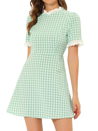 Allegra K Damenkleid, Gingham-Kleid, Sommer, kurze Ärmel, Rundhalsausschnitt, Spitze, kariert, Minikleid, Halloween, Dorothy-Kostüm, Grün , X-Groß