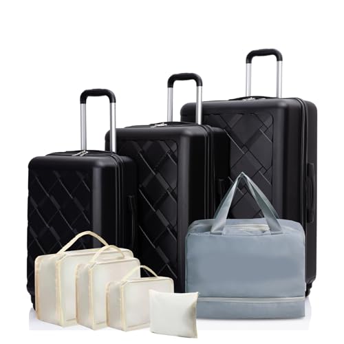 Hardshell Suitcase Sets with Spinner Wheels, ABS Luggage Sets with Bags, 8-Piece Set(20/24/28+portable handbag + 4 pieces storage bag set) (Black)