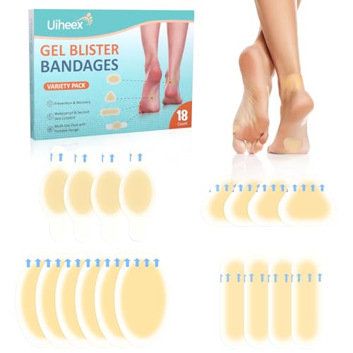 Gel Blister Bandages for Feet - Waterproof Adhesive Blister Pads - 18 Blister Patches for Blister Prevention - Hydrocolloid Bandages for Heel, Toe for Prevention & Recovery