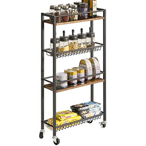 YMYNY-Slim-Kitchen-Storage-Rolling-Cart-4-Tier-Utility-Cart-on-Wheels-for-Narrow-Spaces-Laundry-Room-Dining-Room-Bathroom-327-H-Shelving-Unit-with-Mesh-Baskets-Rustic-Brown-UHBR002H YMYNY Slim Kitchen Storage Rolling Cart 4 Tier Utility Cart on Wheels for Narrow Spaces Laundry Room Dining Room Bathroom 327 H Shelving Unit with Mesh Baskets Rustic Brown UHBR002H