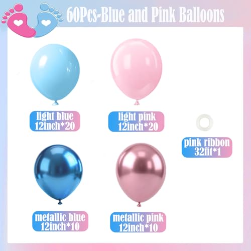 Image of Pink and Blue Balloons Set, 60 Pcs 12 Inch Gender-Reveal Latex Balloons | Thick Durable ，Easy to Inflate，Blue and Pink Balloons with Ribbon for Baby Shower Birthday Boy or Girl Gender Reveal