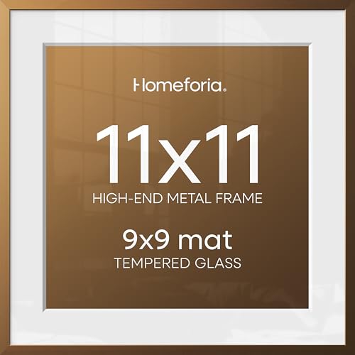 Image of Homeforia 11x11 Picture Frame Brass, High End Metal 11 by 11 Square Bronze Frames with Mat 9 x 9 Photo, 11by11 Poster Frame Matted to 9x9 Print, Wall Hanging Frames, Tempered Glass, Wall Kit, Set of 2