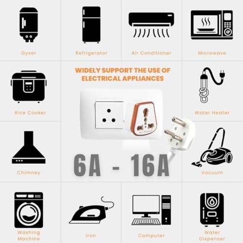 Image of HI-PLASST 6a to 16a Converter Plug | 6 amp to 16 amps Converter Plugs Useful for 16a Extension Board with16 amp Socket and 16 Ampere Plug Top,for A /C,Refrigrator,etc,230 Volt AC.(Orange,3 Pieces)