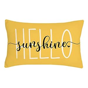 4TH Emotion Hello Sunshine Pillow Cover Farmhouse Yellow Lumbar Pillow Cover Spring Summer Decorations Cushion Case for Sofa Couch Polyester Linen 12×20 Inches