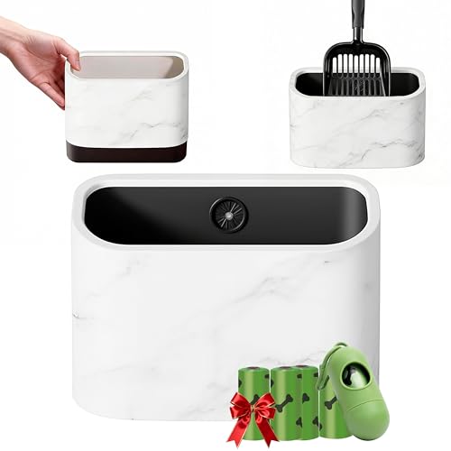 Cat Litter Scoop Holder Universal Marble-Textured Scoop Caddy with Built-In Bag Dispenser & Wide-Mouth Bucket Includes 4 Rolls Waste Bags & Removable Scoop Stand for Most Metal/Plastic Scoops