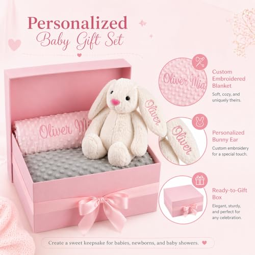 Image of Personalized Baby Blanket with Bunny Set for Baby Girl Gift | Custom Baby Blanket with Name, Customized Blankets & Rabbit Gift Set for Birthday, Flannel Dot Swaddle for Baby Shower Gifts