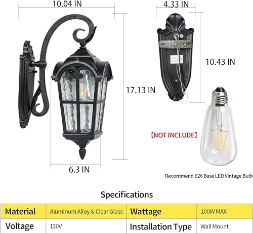 17.1'' Aluminum Outdoor Wall Lights- Black Roman Style Waterproof & Anti-Rust Exterior Lighting Fixtures, Hammered Outdoor Wall Lantern for Porch Patio Garage Courtyard Hallway Doorway