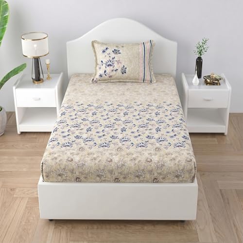 Image of Mafatlal 186 TC Spring Glory Graceful Pure Cotton Single Flatsheet (60 x 90 Inch) | Breathable Summer Comfort | Wrinkle-Free Floral Bedsheet with 1 Pillow Cover, Modern Blue