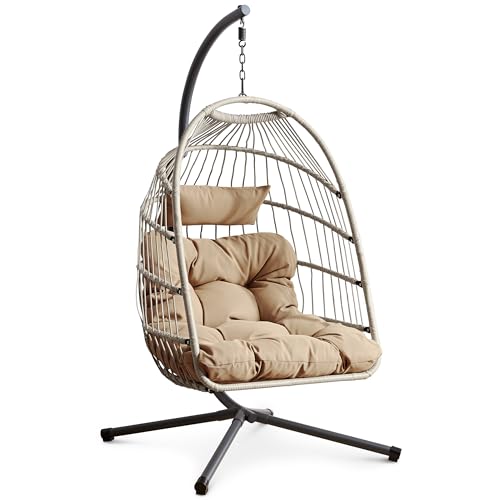 Rattan Hanging Egg Chair with Comfortable Cushion, Foldable Outdoor Indoor Hammock Swing for Garden,...