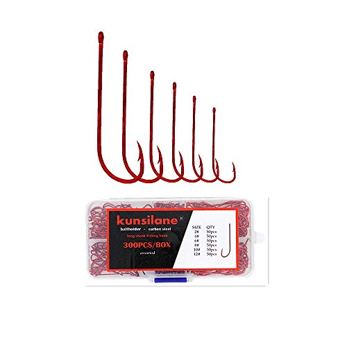 Kunsilane Baitholder Fishing Hooks with Barbed Offset Long Shank Round Bend Down Eye Fly Worm Hooks Red Color Assortment (300pcs Long Shank, Assortment)