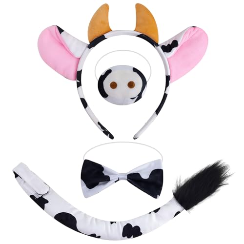 MUNSKT Ensemble de Costume de Vache Cosplay Set de Costume de Vache Bandeau d'Oreilles de Cornes Nez Nœud Papillon et Queue Enfants Adultes Party Déguisements Kit de Déguisement de Vache