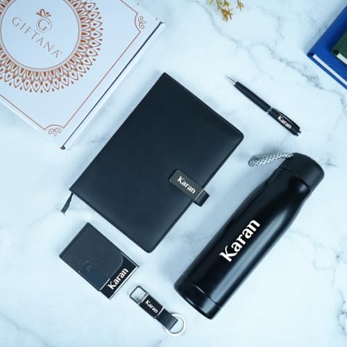 Image of Giftana Personalised Pen, Diary, Bottle 500ml, Card Holder, Keychain with Name, 5 in 1 Customized Name Birthday Gift Set for Doctors and Husband, Customised Corporate Gift for Employee - Black