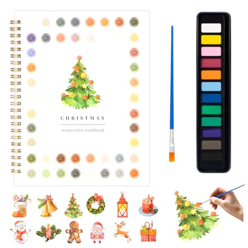 Metyond Christmas Watercolor Workbook - Watercolor Coloring Book with 1 Workbook 12 Colors Paint Set with Brush Beginner Friendly Watercolor Workbooks Set Gift for Adults Teens (Christmas)