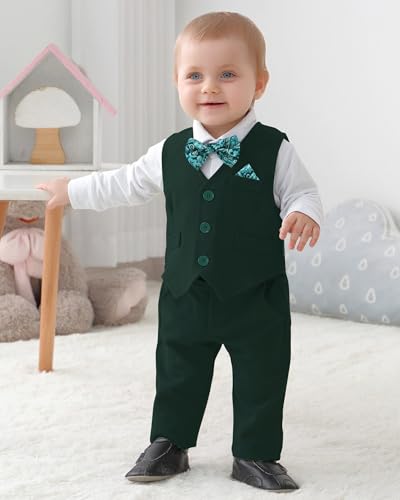 Image of DISAUR Baby Boy Clothes Toddler Boy Outfits 4PCS Gentleman Dress Romper /Vest /Pants /Bow Tie Cotton Suit Sets