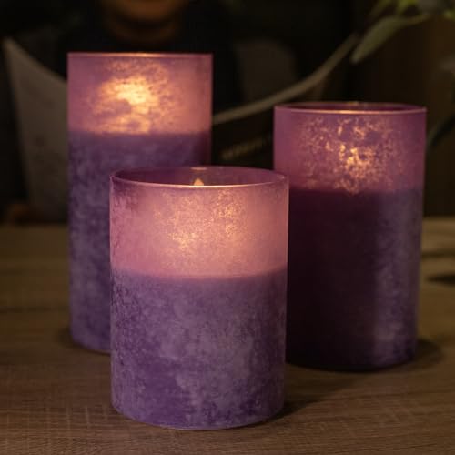 Image of Purple Flameless Candles With Remote LED Battery Operated Pillar Candles | Sea Salt Glass Design, Realistic Flicker, 10-Key Remote With Timer & Brightness Control For Fireplace, Home & Holiday Decor