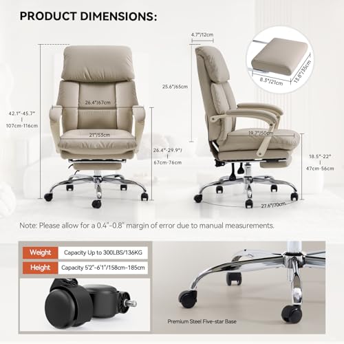 EMIAH Office Chair with Foot Rest, Ergonomic Executive Office Chair with Arms, Reclining High Back PU Leather Comfy Swivel Computer Desk Chairs with Wheels and Lumbar Support for Home Office, Beige - Image 4