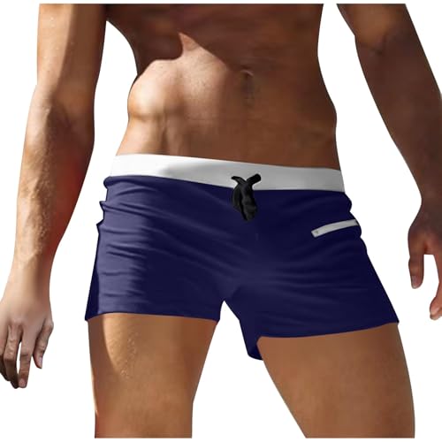 Mens Square Leg Swim Trunks Summer Beach Retro Drawstring Quick Dry Swim Brief Hot Body Sexy Swimsuit with Zip Pocket