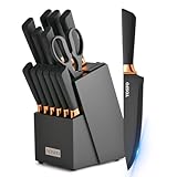 YOSFO Kitchen Knife Set,15 Pcs Knife Set with Block and Sharpener,High Carbon Stainless Steel Ultra Sharp,Dishwasher Safe
