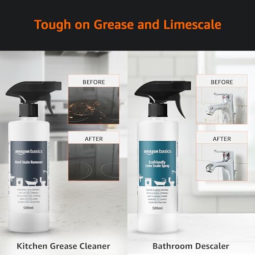 Image of Amazon Basics - Hardstain & Descaler Eco-Friendly Cleaning Spray Combo | 500ml Each (Pack of 2) | Citrus Scent | for Kitchen & Bathroom Use