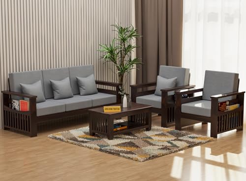 Image of KINGS HOME FURNITURE Sheesham Wooden 5 Seater Sofa for Living Room | Rosewood 5 Seater Cushion Sofa Side Half Moon Rack | Solid Wood Sofa Set for Lounge (-3+1+1,Walnut Finish)