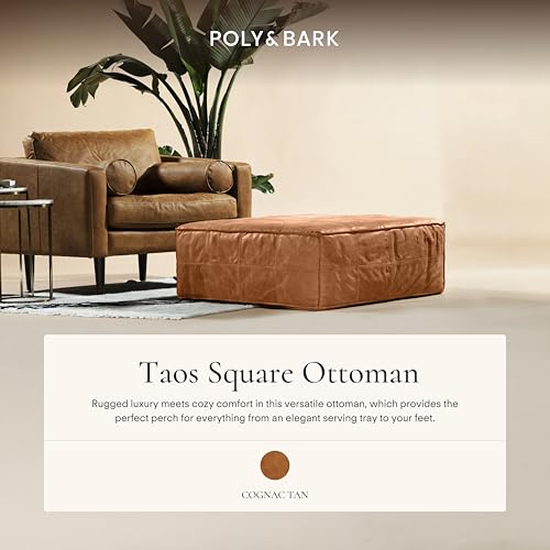 Image of POLY & BARK Taos Ottoman - 37 inch Square Pouf with Feather-Down Topper - Full-Grain Leather Upholstered Pouf Ottoman for Living Room - Vintage Italian Leather in Cognac Tan