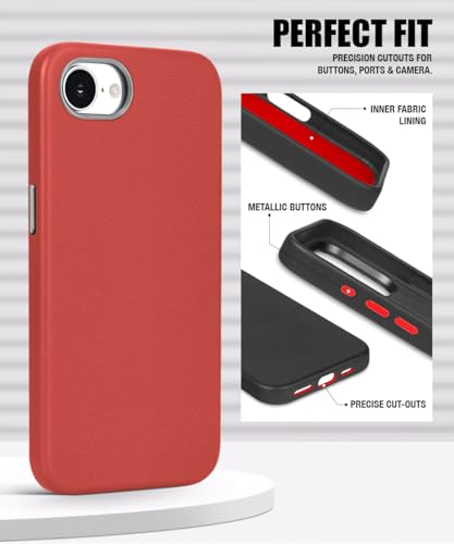 Image of WOW IMAGINE Back Cover for iPhone 16e | iPhone 17e | Shockproof Tough Leather Texture Hard Mobile Case | Ultra Slim Non-Slip Grip | Inner Velvet Fabric | Metal Camera Ring - Crimson Red