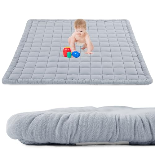 Image of BALAPET 100% Cotton Muslin 50x50 Play Mat for Playpen, Soft Baby Playpen Mat for Kids Toddler Crawling and Play, Non-Slip and Washable Playmat, Grey