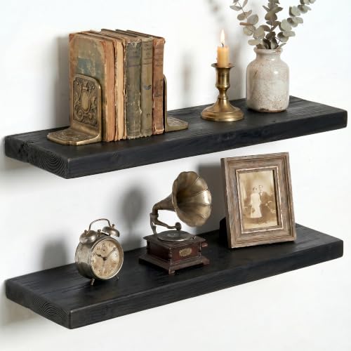 Acovy Reclaimed Wood Floating Shelves, Set of 2, 24x8x1.4 inch, Distressed Black