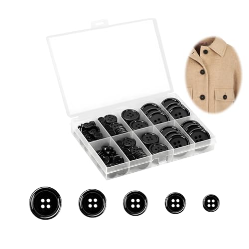 Lot de 160 Boutons Noirs, Boutons en Plastique Bouton de Couture en Résine Ronds Bouton Rond Sangle Boîte Chemise 4 Trous Noirs de Haute Qualité en Résine...