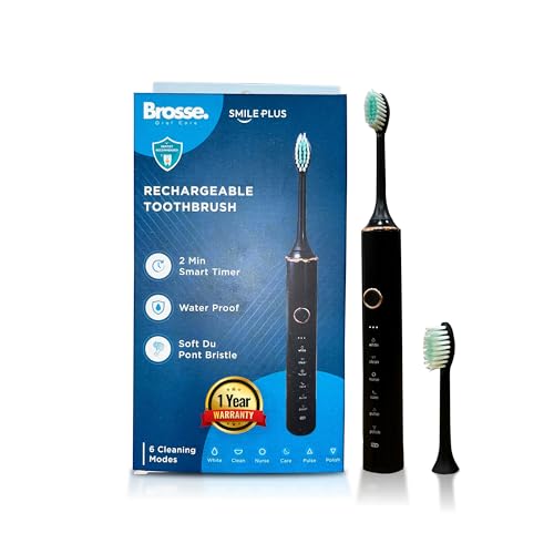 Image of Brosse. SmilePlus Sonic Electric Toothbrush for Adults,Rechargable Toothbrush with 50 days battery, 37000 VPM Deep Clean with 6 Modes. 2 Min. Timer (Black)