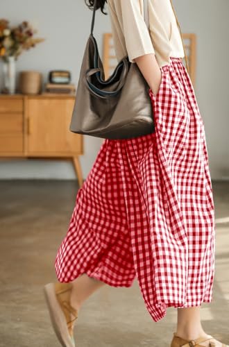 Image of chouyatou Women's Cotton Linen Pants Elastic Waist Plaid Gingham Wide Leg Capri Palazzo Pants